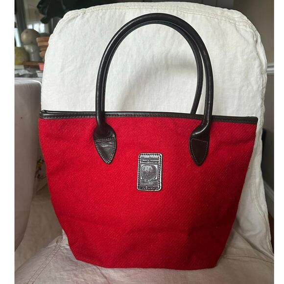 Harris Tweed red Handbag vintage brown leather top handles classic Scotland 13x9 - Picture 1 of 16